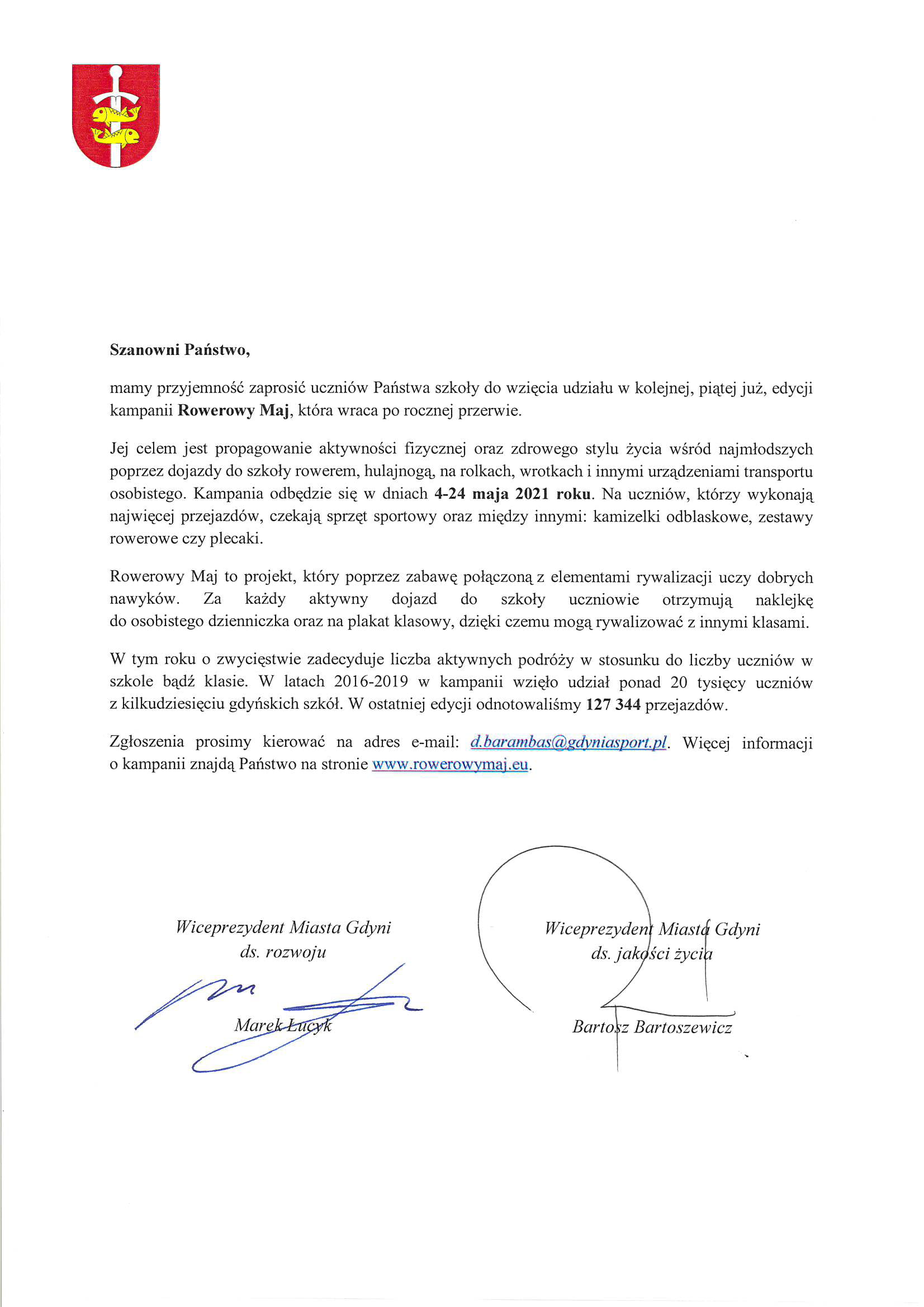 Pismo prezydenta miasta Gdyni skierowanego do dyrektorów szkół