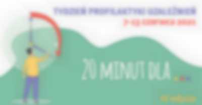 plakat tygodnia profilaktyki uzależnień pokazujący zegar i mężczyznę ustawiajacego wskazówki na 20 minut, do których odnosi się treść plakatu o poświęceniu 20 minut na ten temat